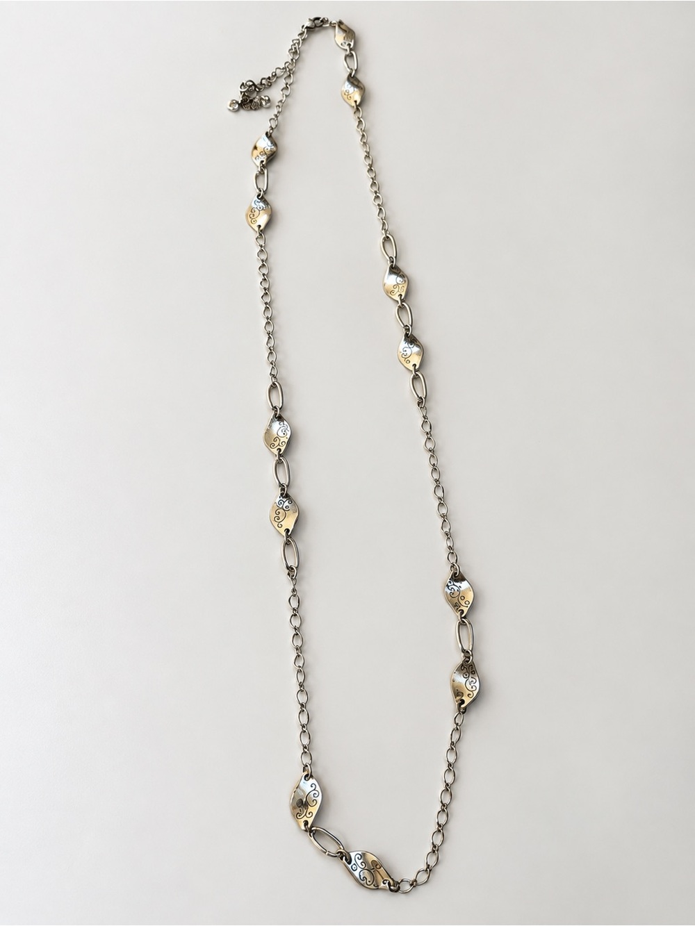 Silver Tone Engraved Scrollwork Long Chain Necklace Adjustable Vintage Style